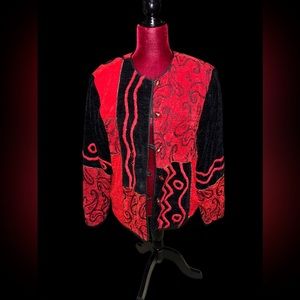 Vintage Black & Red Geometric Shape Patchwork Tapestry Padded Shoulder Blazer